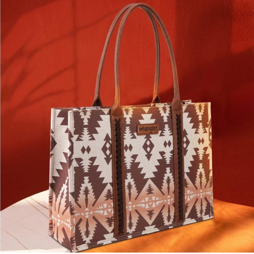 Wrangler Western Womens Tote Bag Canvas Leather Southwestern Print Light Brown